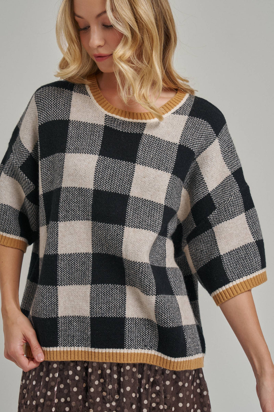 FALL CHECKERED GINGHAM DROP SHOULDER SWEATER TOP