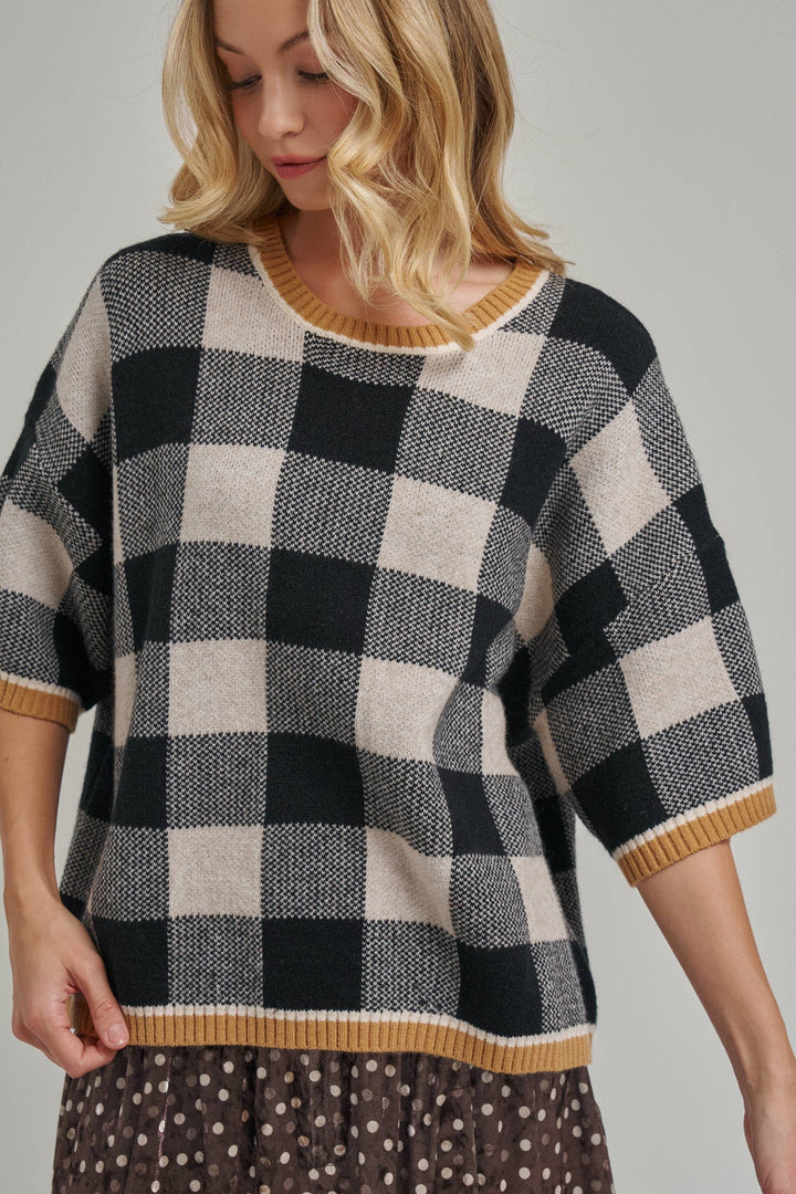 FALL CHECKERED GINGHAM DROP SHOULDER SWEATER TOP