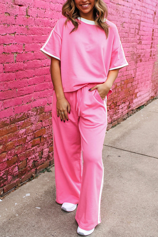 Light Pink Contrast Striped Collar Patchwork Textured Half Sleeve Blouse