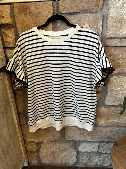 Black white stripe lace trim top