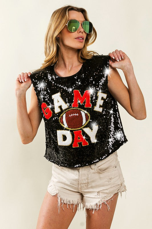Game Day And Football Patches Sequin Top Red Black