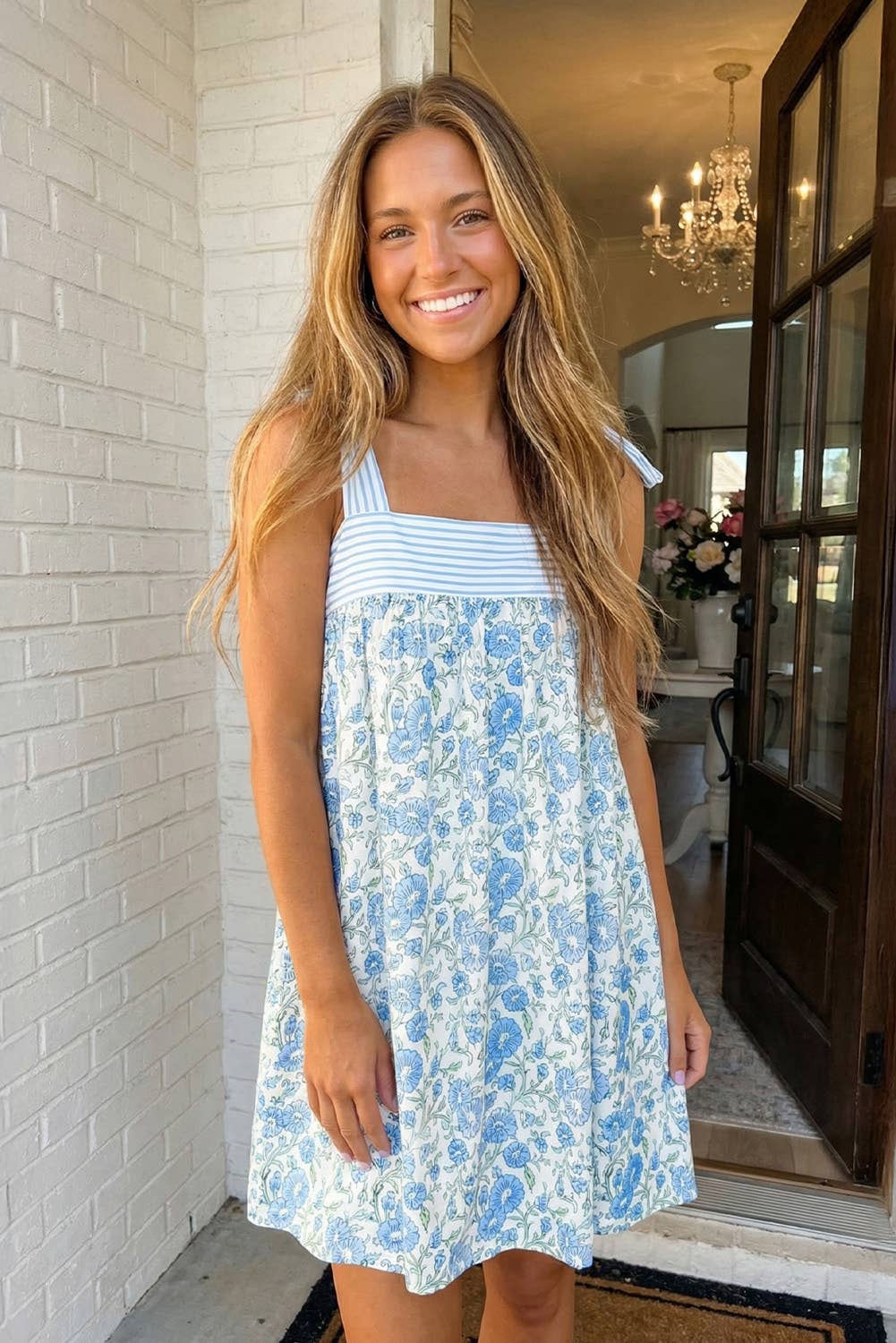 Blue Floral Stripe Patchwork Bow Knot Strap Mini Dress