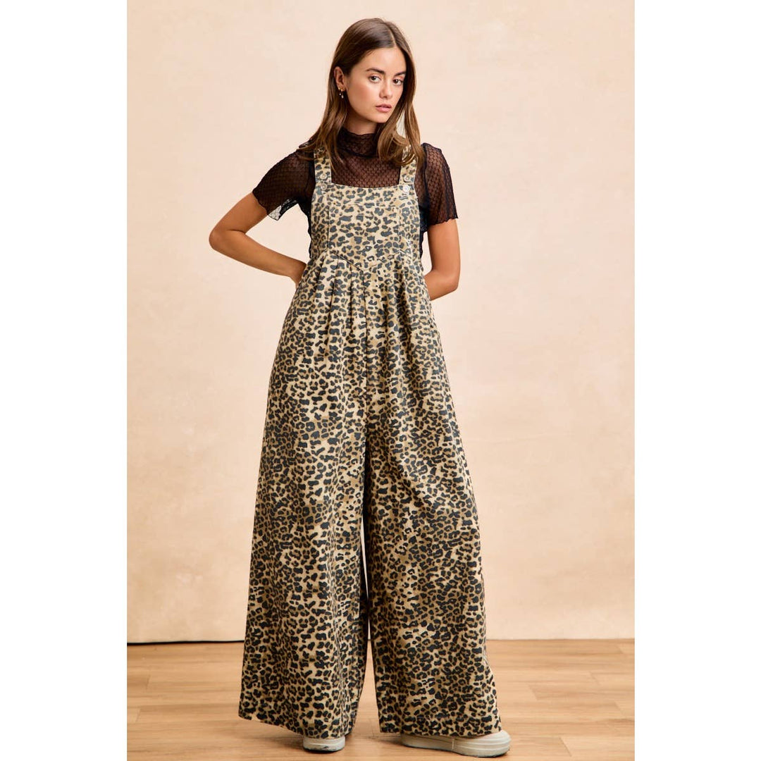 COTTON TWILL LEOPARD PRINT WIDE LEG OVERALLS