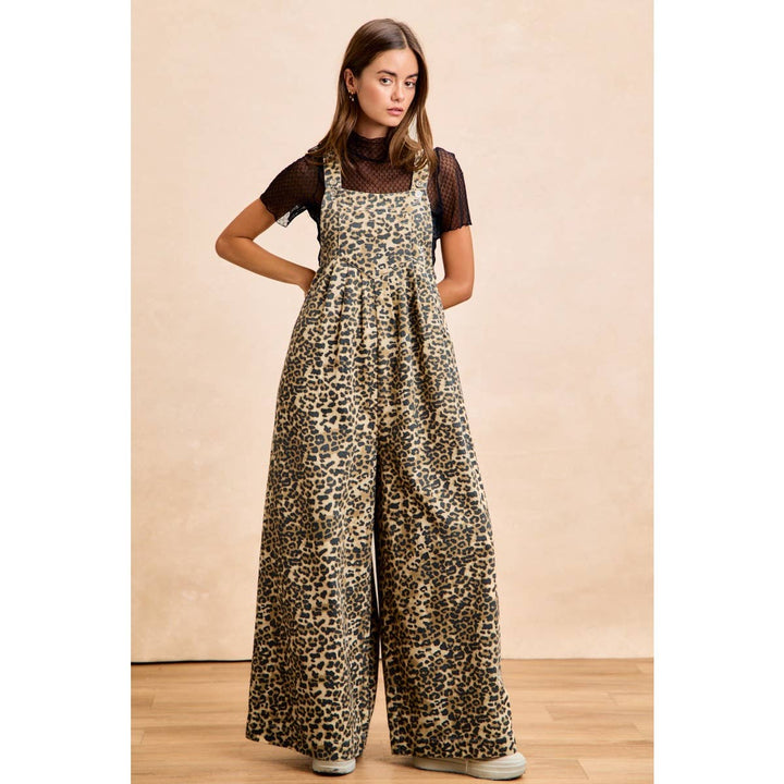 COTTON TWILL LEOPARD PRINT WIDE LEG OVERALLS
