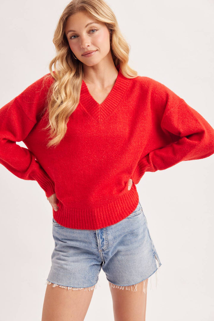 V-NECK FUZZY KNIT SWEATER