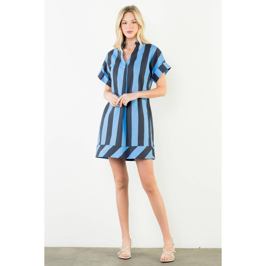 Short Sleeve Striped V-Neck Dress