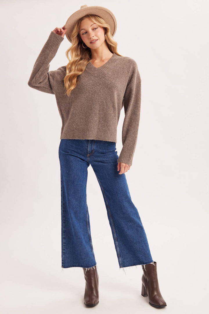 V-NECK FUZZY KNIT SWEATER
