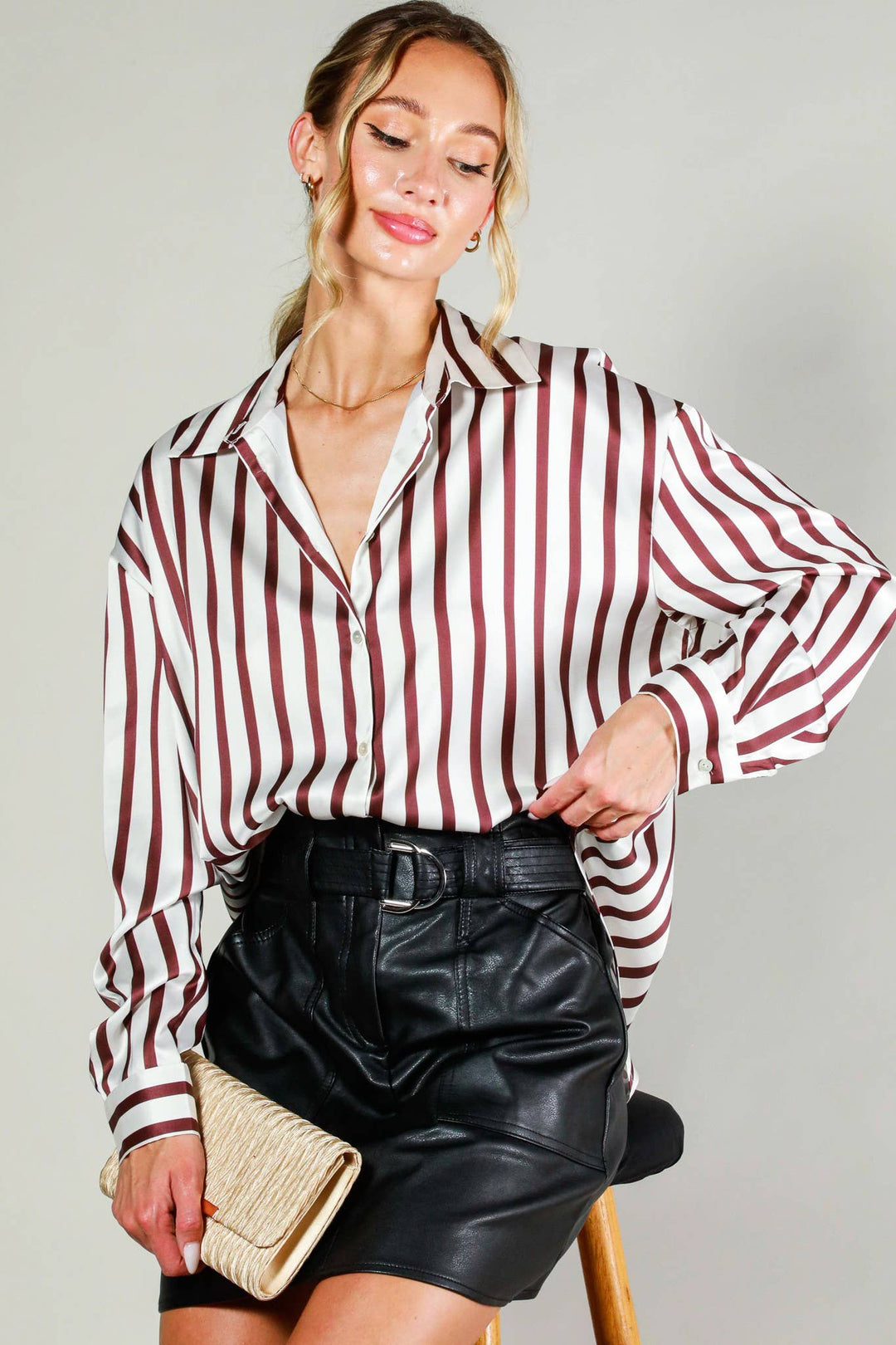 Collard Vertical Stripe Printed Satin Blouse Top