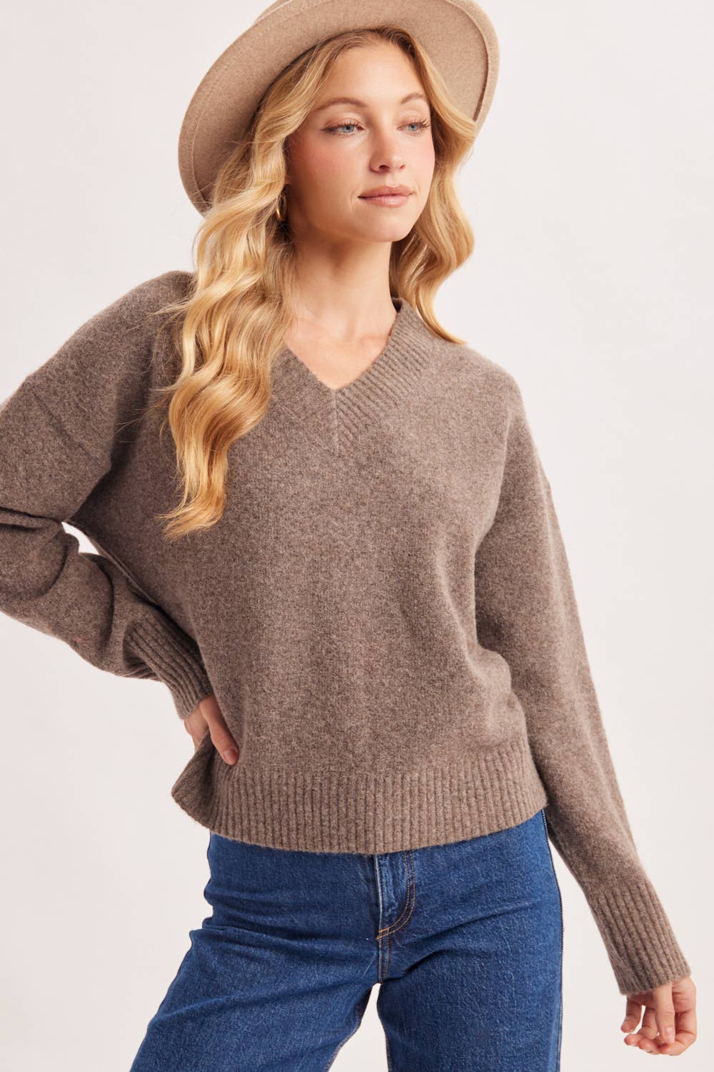 V-NECK FUZZY KNIT SWEATER