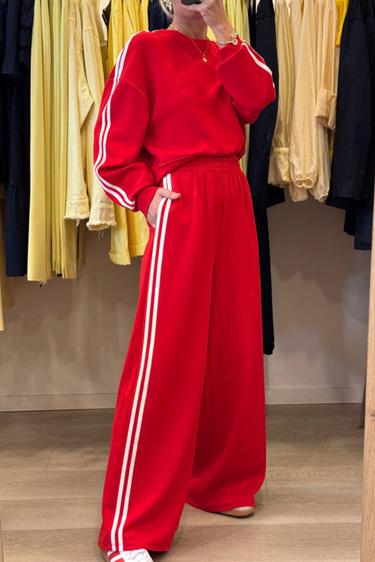 Red Varsity Striped Detail Cropped Pullover Wide Leg Pants 2pcs Outfit