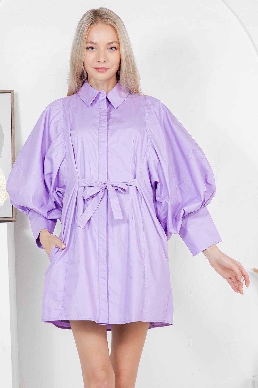 Balloon Sleeve Tie-Waist Mini Shirt Dress  PINK