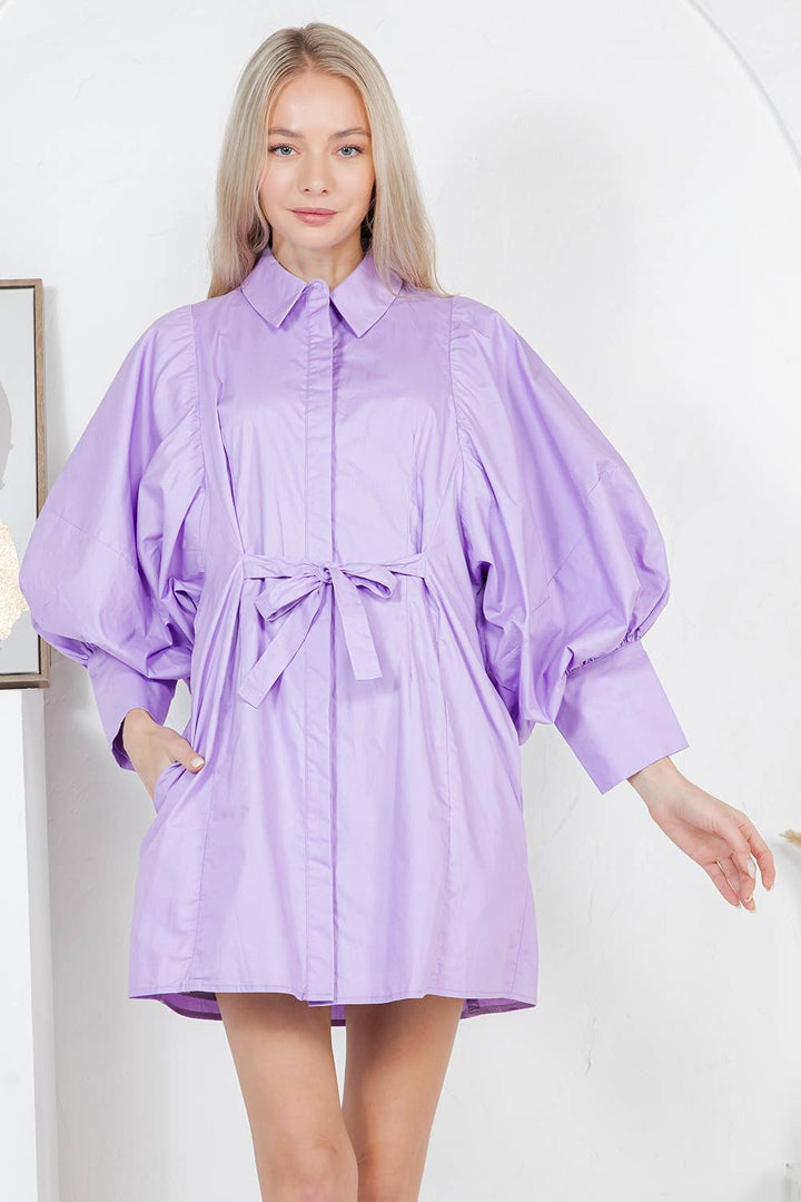 Balloon Sleeve Tie-Waist Mini Shirt Dress  PINK
