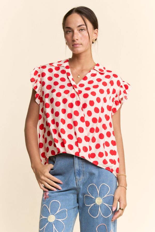 POLKA DOT PRINT SHORT RUFFLE SLEEVE V NECK BLOUSE