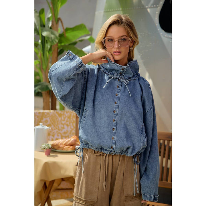 LIGHTWEIGHT WASHED DENIM DRAWSTRING HEM JACKET