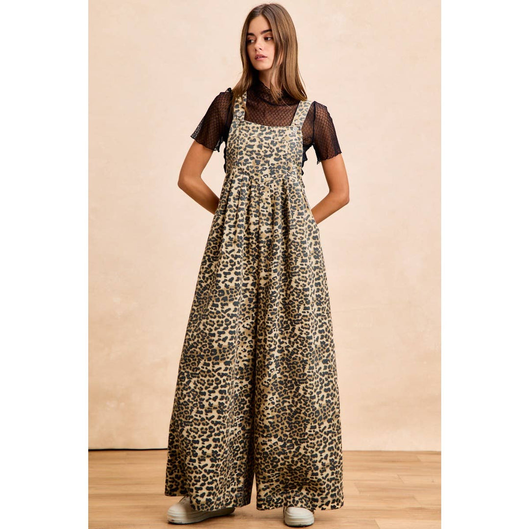 COTTON TWILL LEOPARD PRINT WIDE LEG OVERALLS