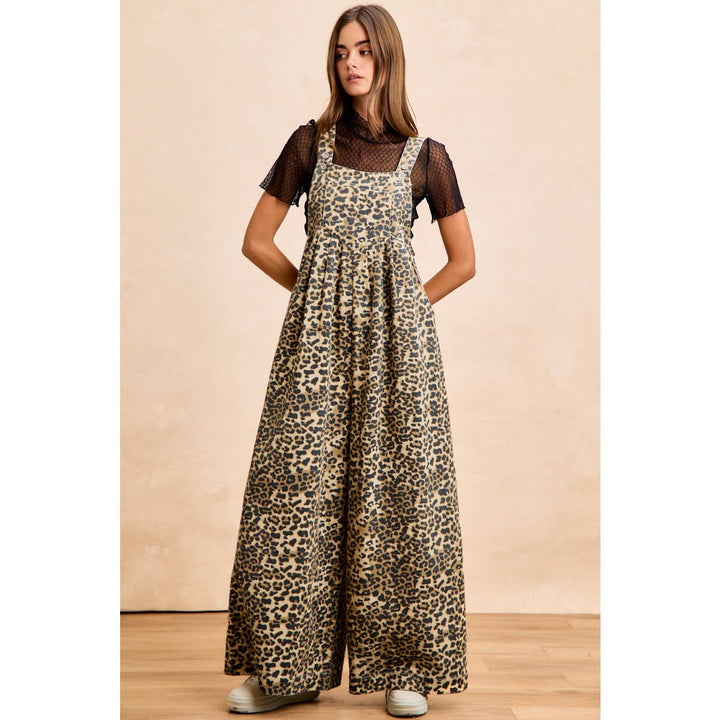 COTTON TWILL LEOPARD PRINT WIDE LEG OVERALLS