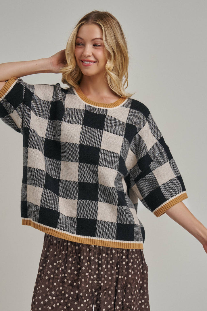 FALL CHECKERED GINGHAM DROP SHOULDER SWEATER TOP