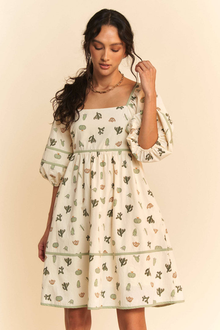 CACTUS PRINTED POPLIN CONTRAST PIPING MINI DRESS