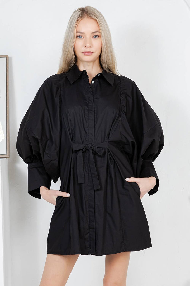 Balloon Sleeve Tie-Waist Mini Shirt Dress  PINK