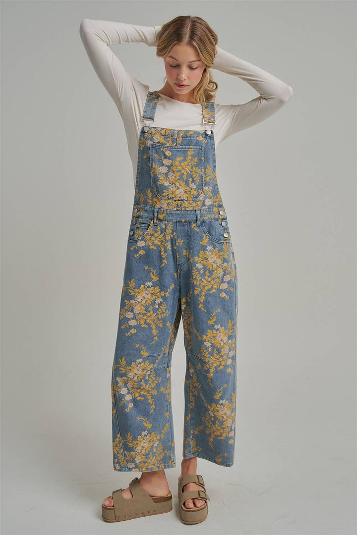 FLORAL PRINT DENIM OVERALL JUMPSUIT