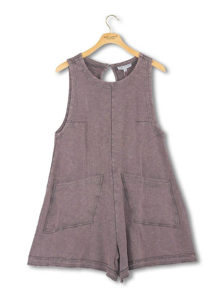 Washed Pocket Romper- Dark Gray