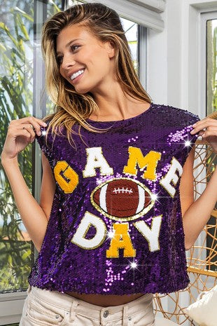 Game Day And Football Patches Sequin Top Purple Gold