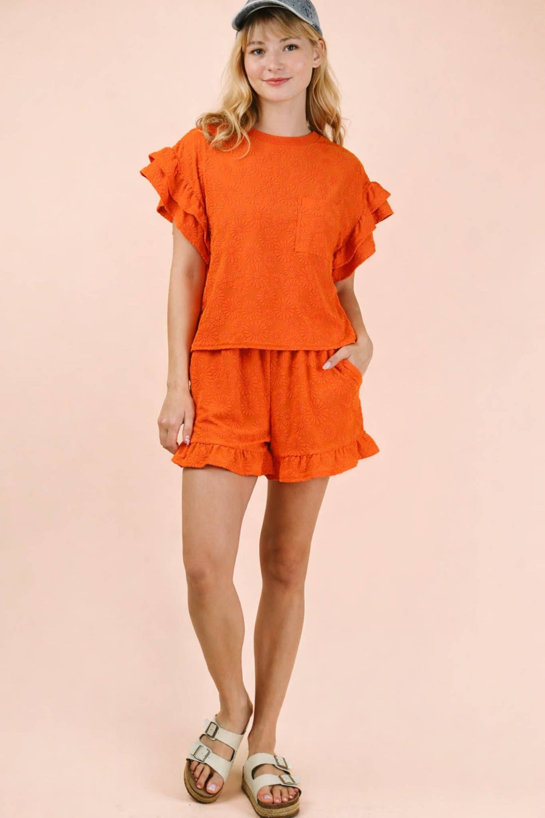 Floral Textured Ruffled Knit Top & Shorts Set