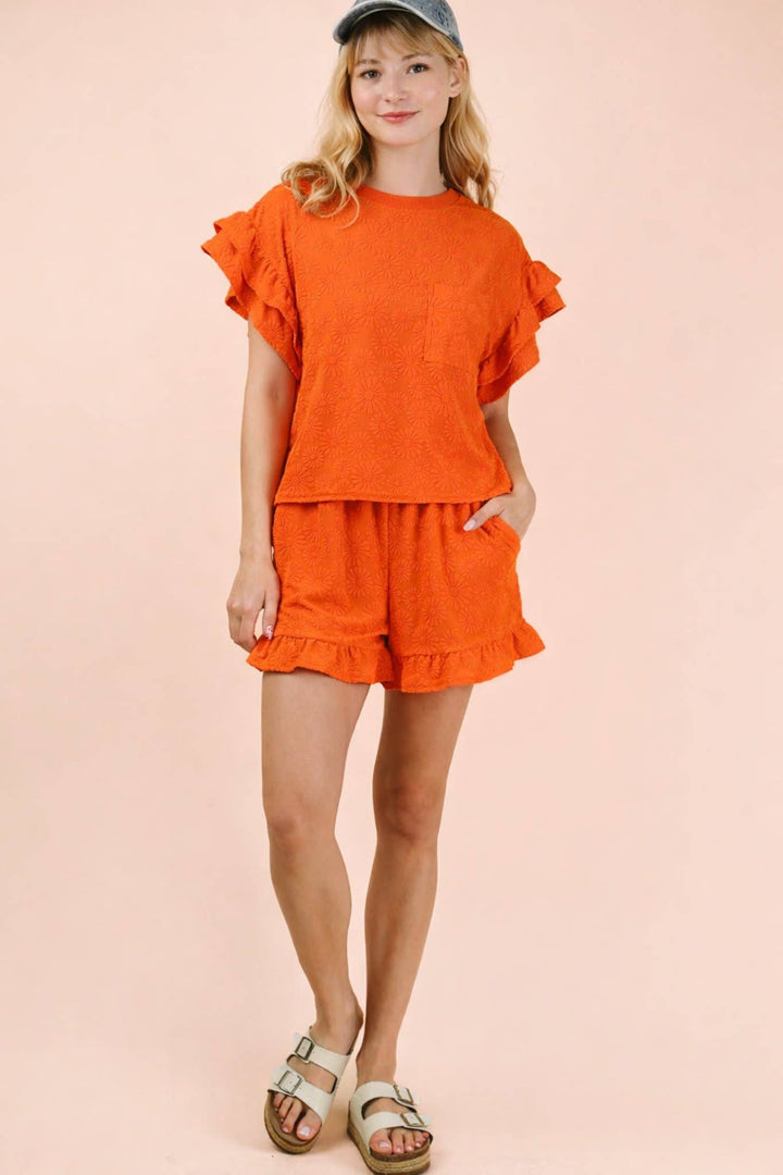 Floral Textured Ruffled Knit Top & Shorts Set