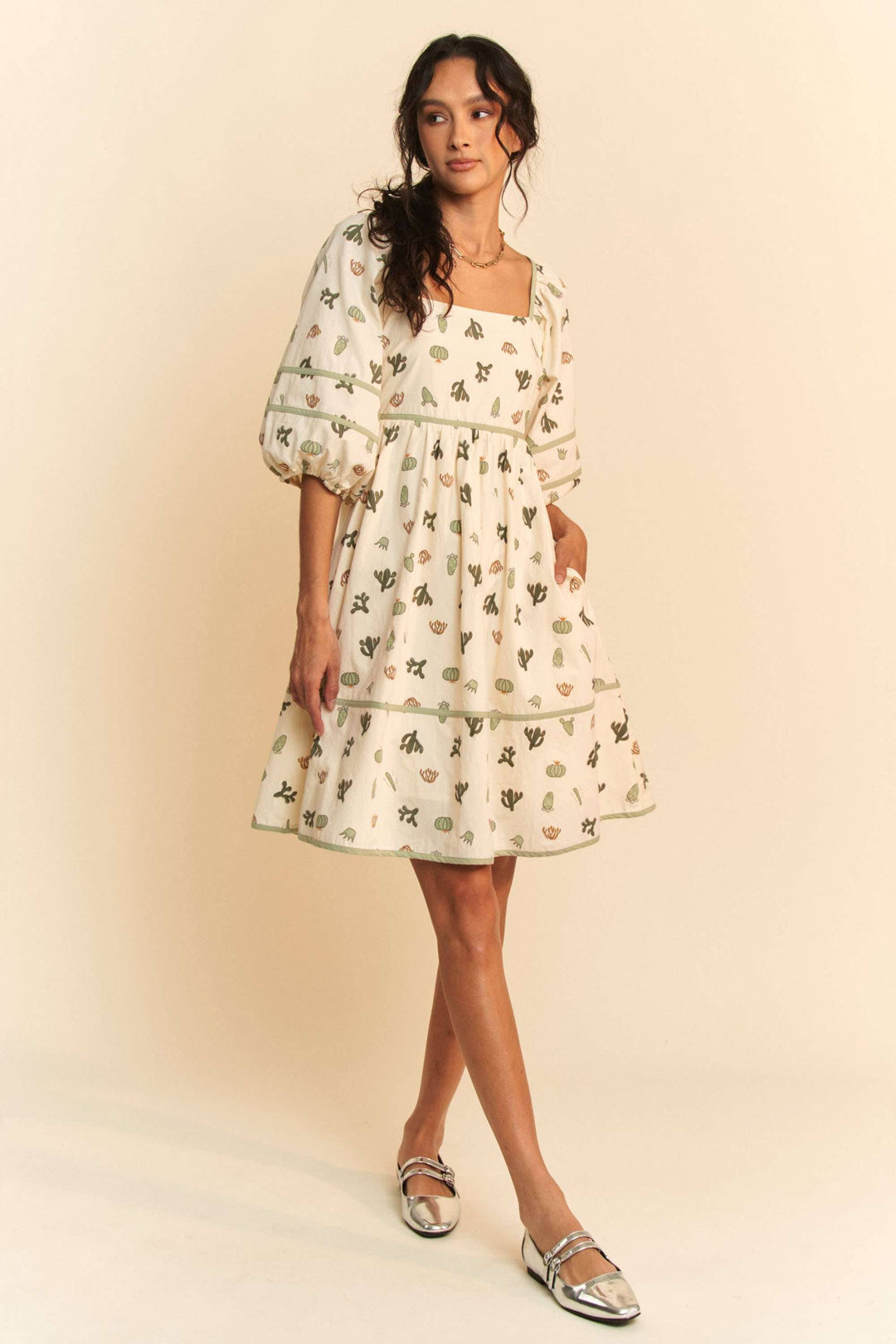 CACTUS PRINTED POPLIN CONTRAST PIPING MINI DRESS