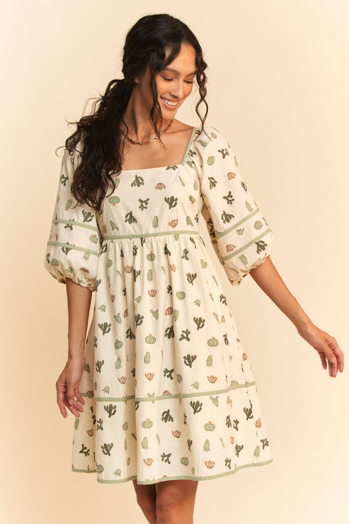 CACTUS PRINTED POPLIN CONTRAST PIPING MINI DRESS