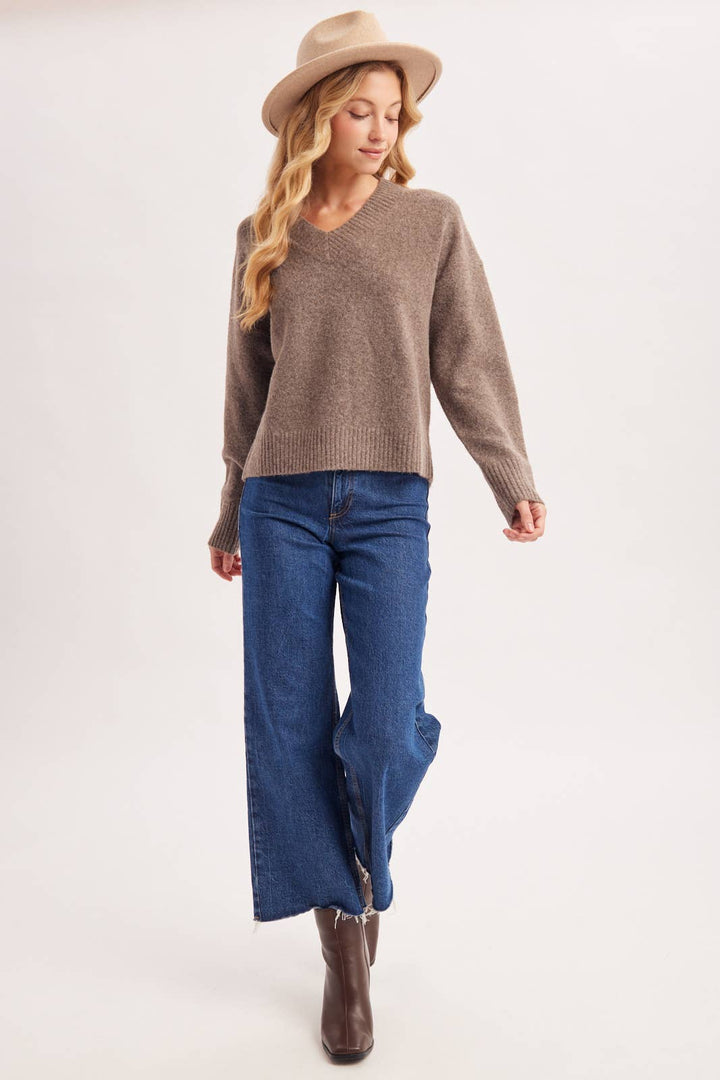 V-NECK FUZZY KNIT SWEATER