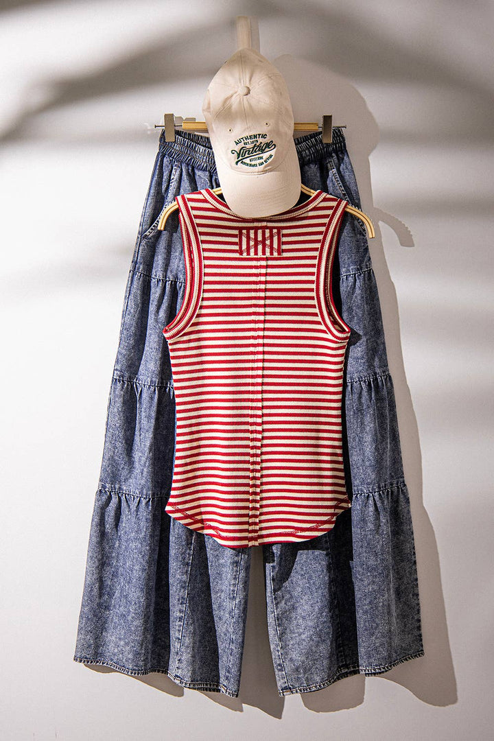 Striped & Solid Button Down Fitted Knit Tank Top