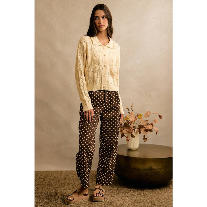 POLKA DOT PRINT TWILL MID RISE WIDE PANTS