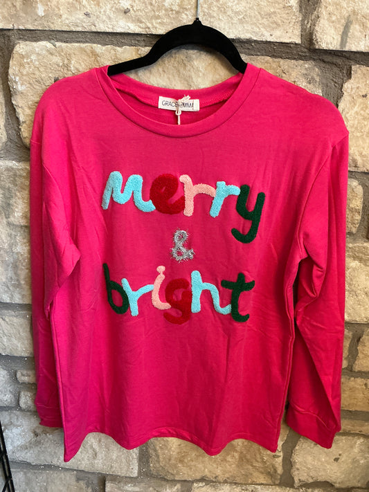 Hot pink Merry & bright chenille letters long sleeve tee