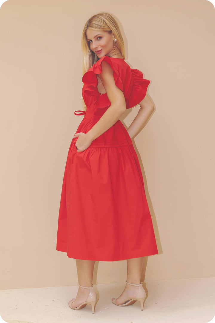 Chambray Flutter Sleeve Poplin Midi Dress