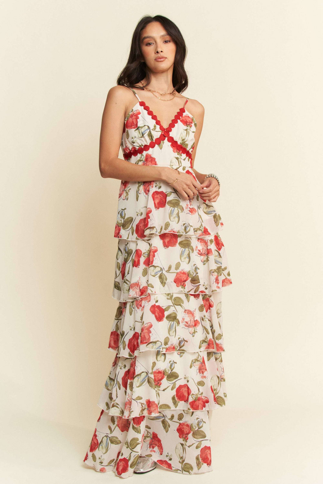 CONTRAST RED  LACE CAMI TIERED RUFFLE MAXI DRESS