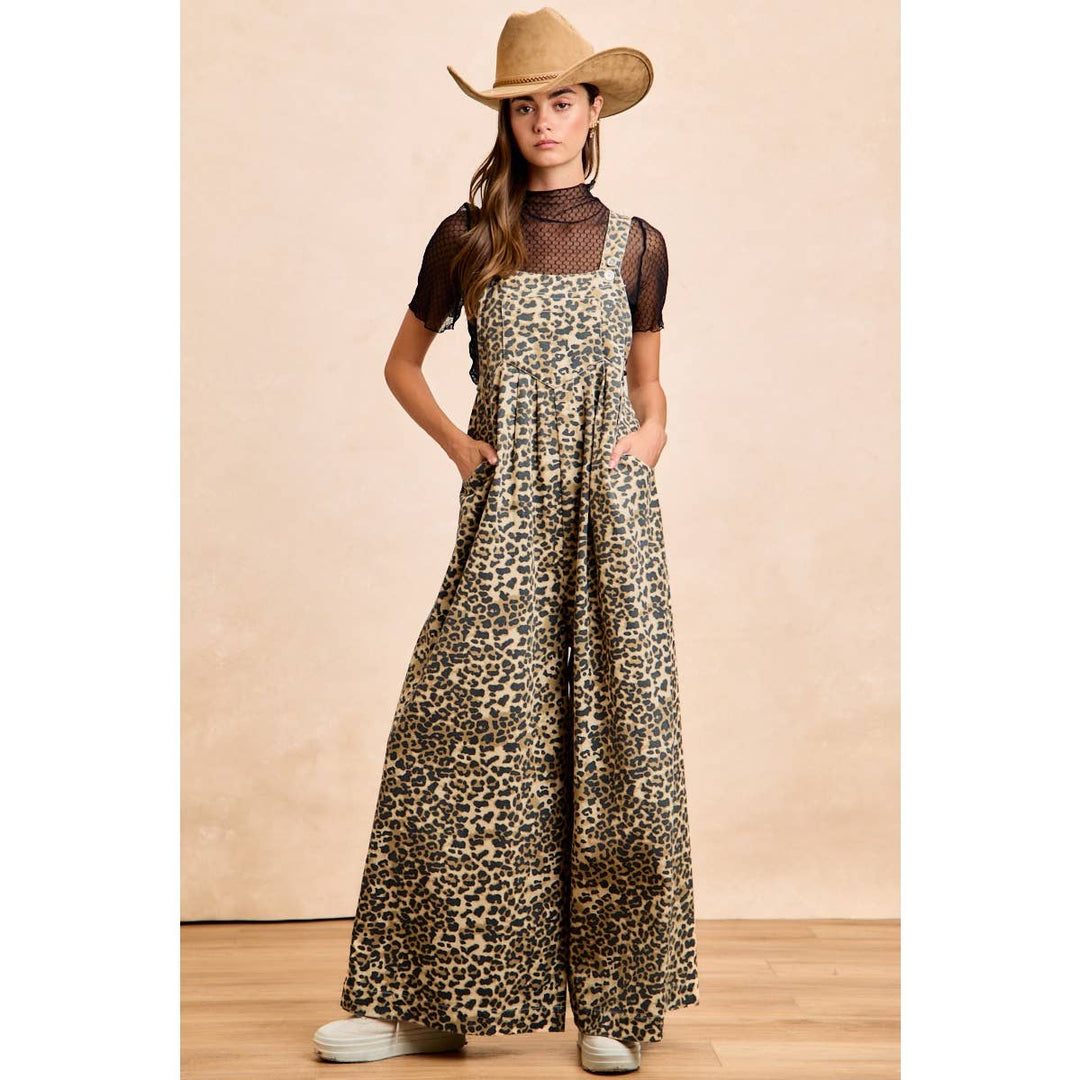 COTTON TWILL LEOPARD PRINT WIDE LEG OVERALLS