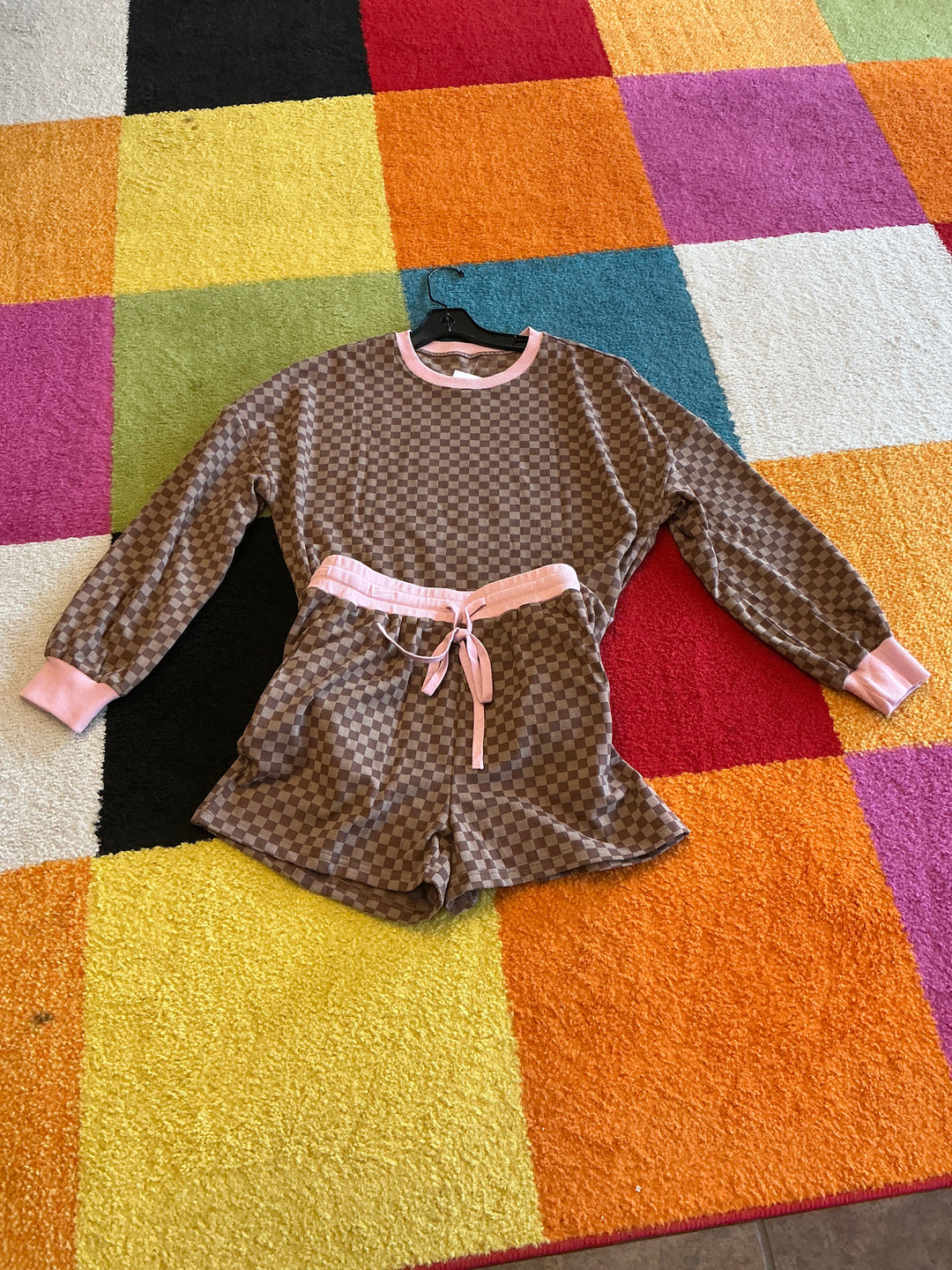 Brown checkered short set with pink trim