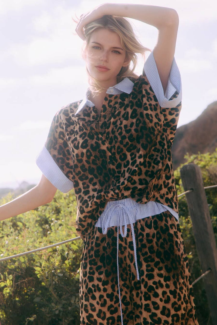 Leopard Printed Shirt Wide Leg Pants Set