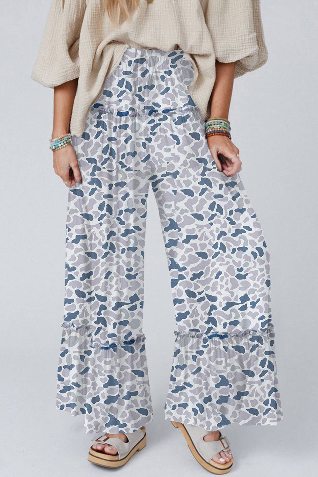 Camo Print Wide Leg Casual Pants