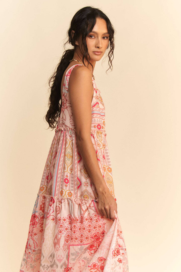 GEO FLORAL MIX SLEEVELESS TIRERED MAXI DRESS