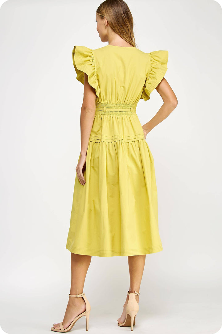 Chambray Flutter Sleeve Poplin Midi Dress