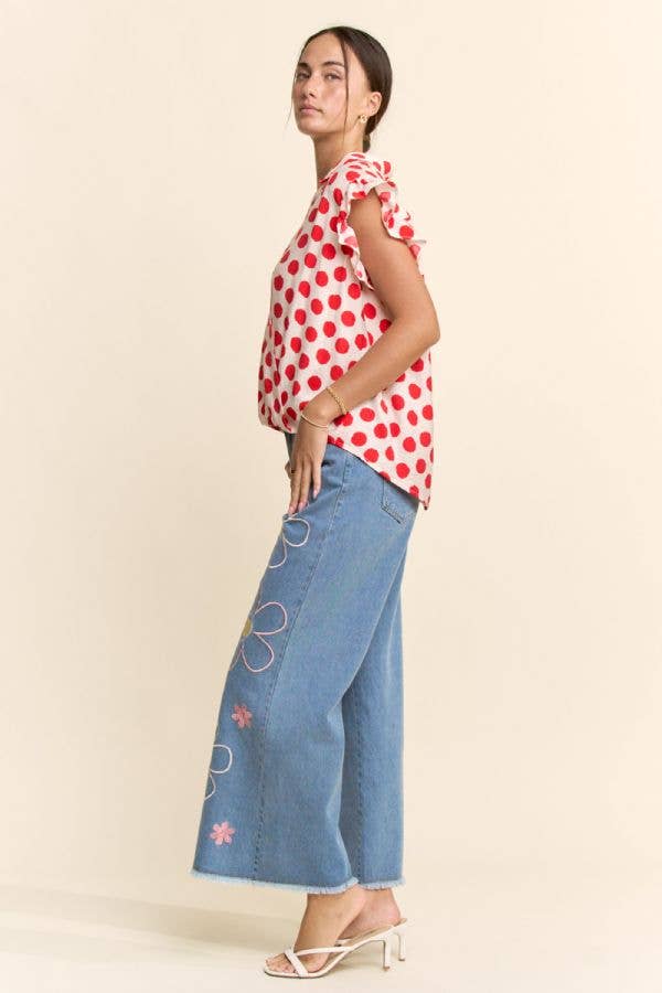 POLKA DOT PRINT SHORT RUFFLE SLEEVE V NECK BLOUSE