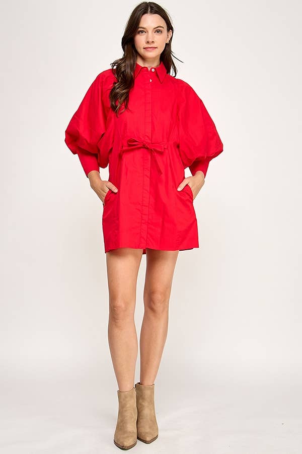 Balloon Sleeve Tie-Waist Mini Shirt Dress  PINK