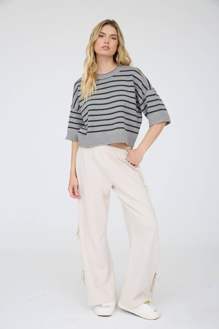 STRIPE RAW EDGE DROP SHOULDER SHORT SLEEVE SWEATER