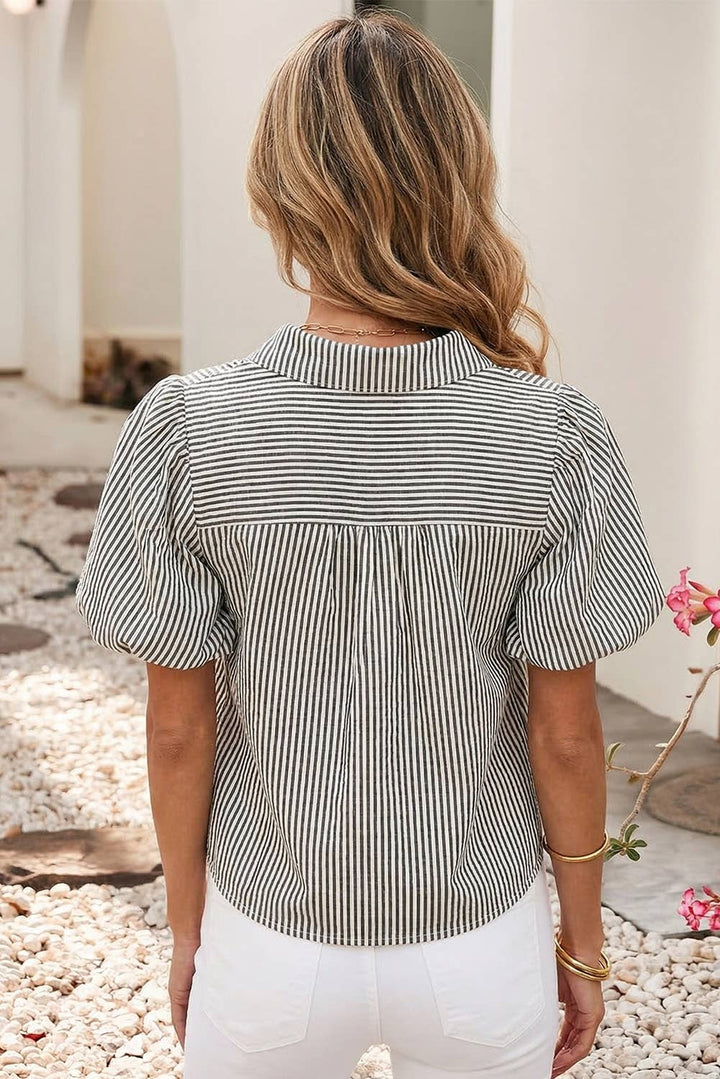 Striped Ruffle Short Bubble Sleeve Top
