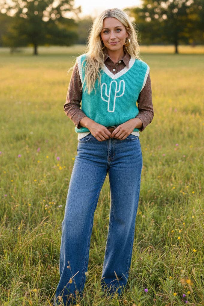 TURQUOISE CACTUS VNECK SWEATER