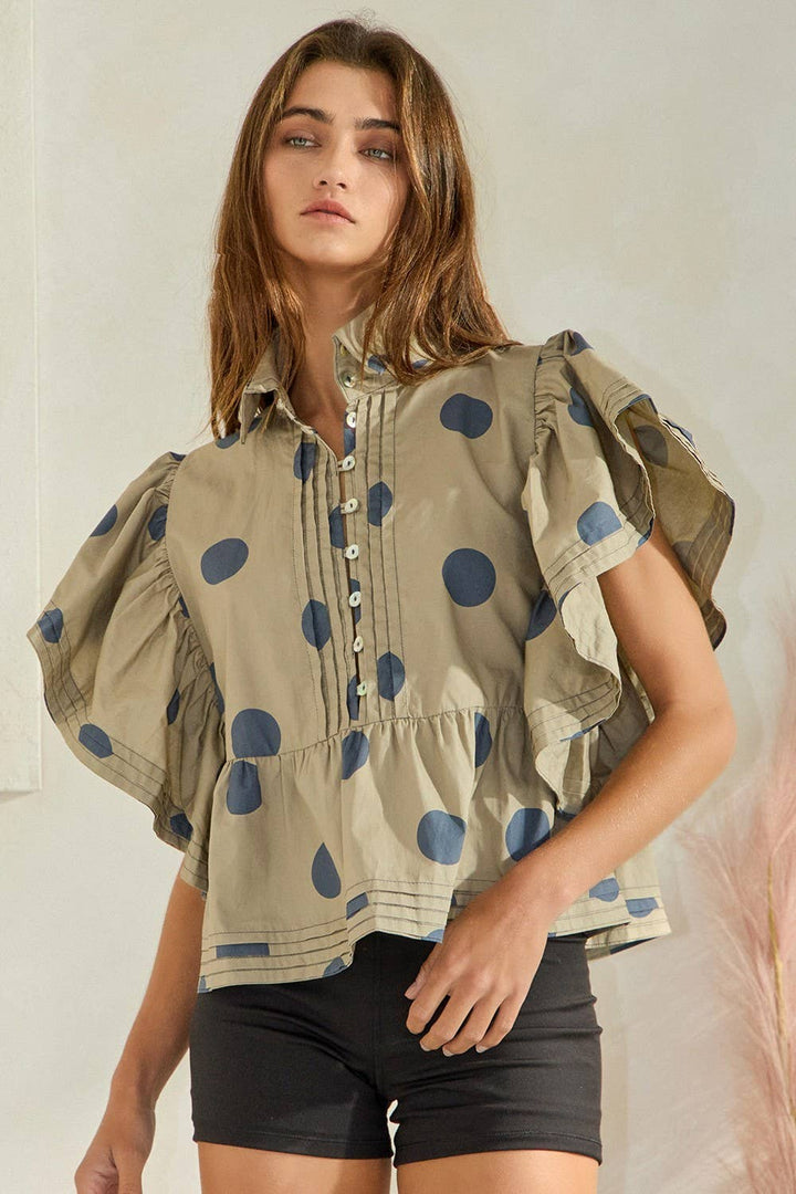 Ruffle Sleeves Pintuck Detail Polka Dot Print top up
