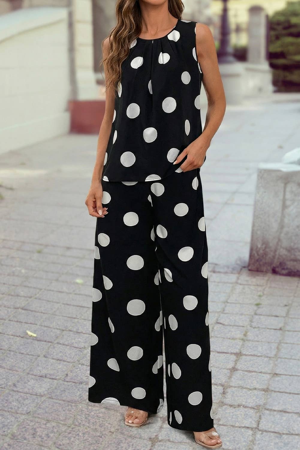 Pleated Round Neck Tank Casual Wide Leg Two-Piece Outfit