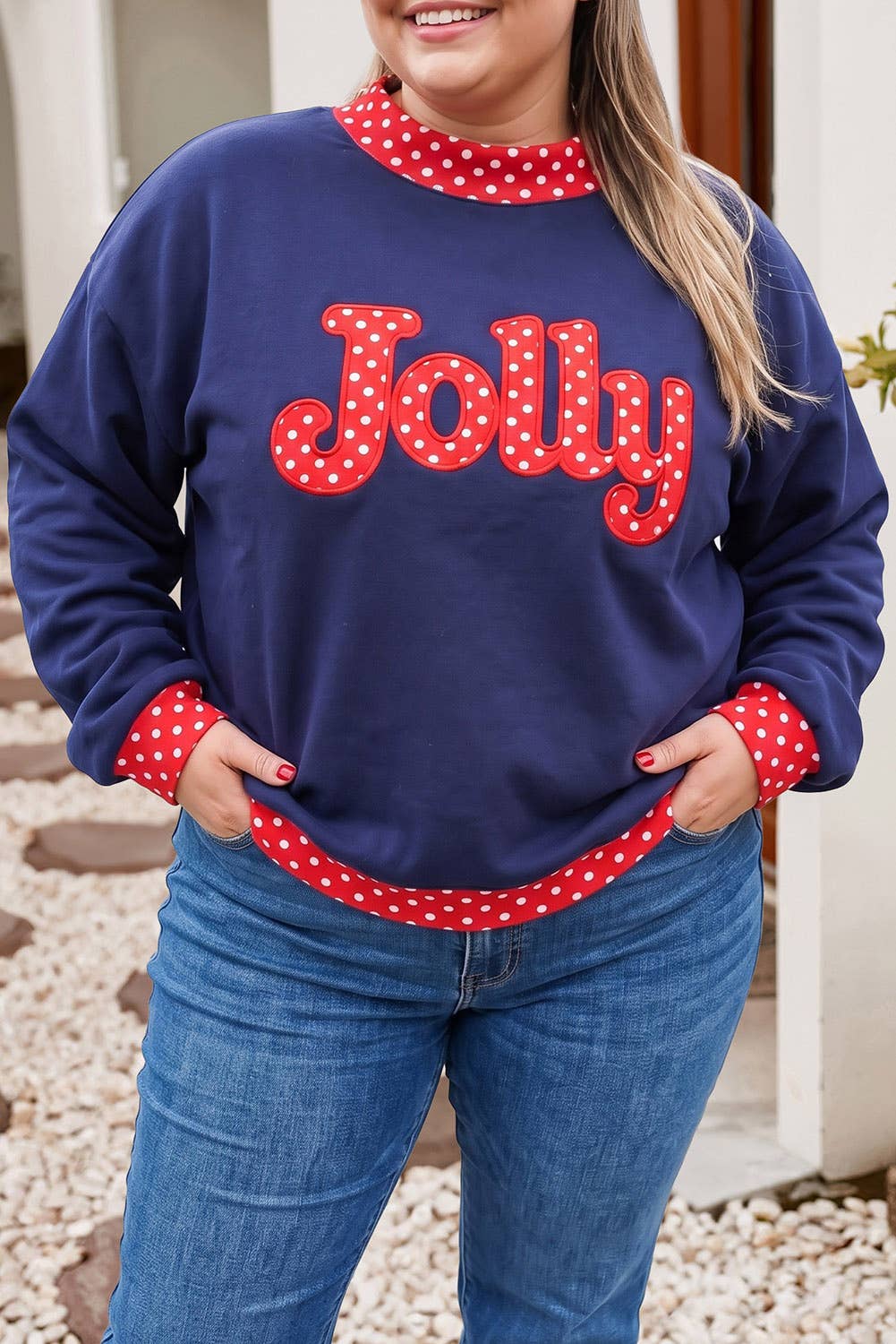 Polka Dot Contrast Holiday Mock Neck Sweatshirt